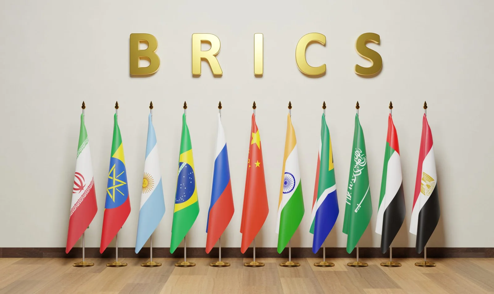 Флаги стран-участниц БРИКС под надписью BRICS